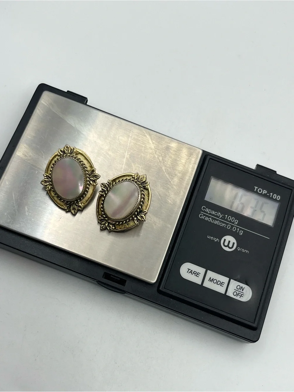 Whiting & Davis 1950’s Victorian Revival Gold tone mother of pearl clip earrings